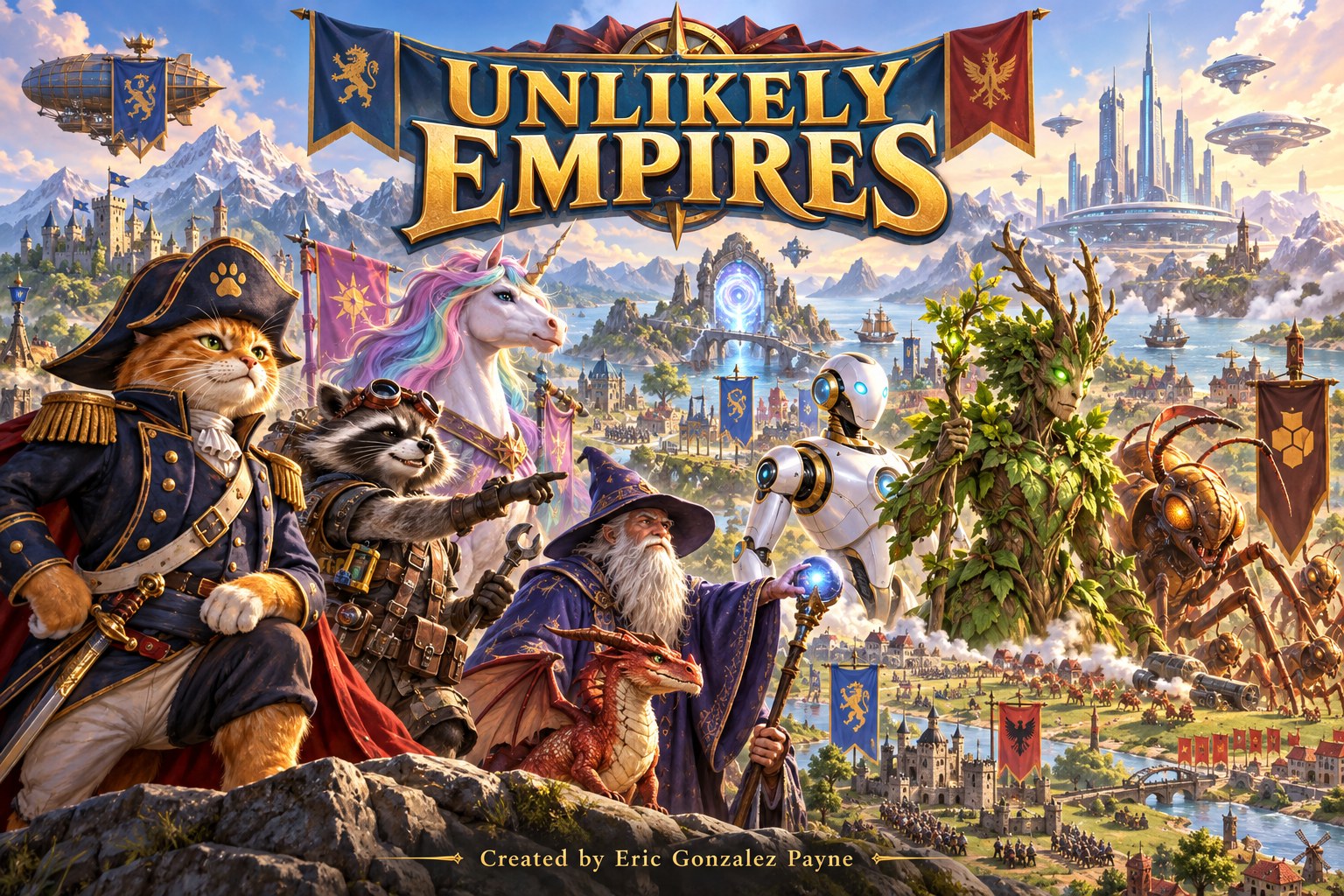 Unlikely Empires illustrated key art, created by Eric Gonzalez Payne